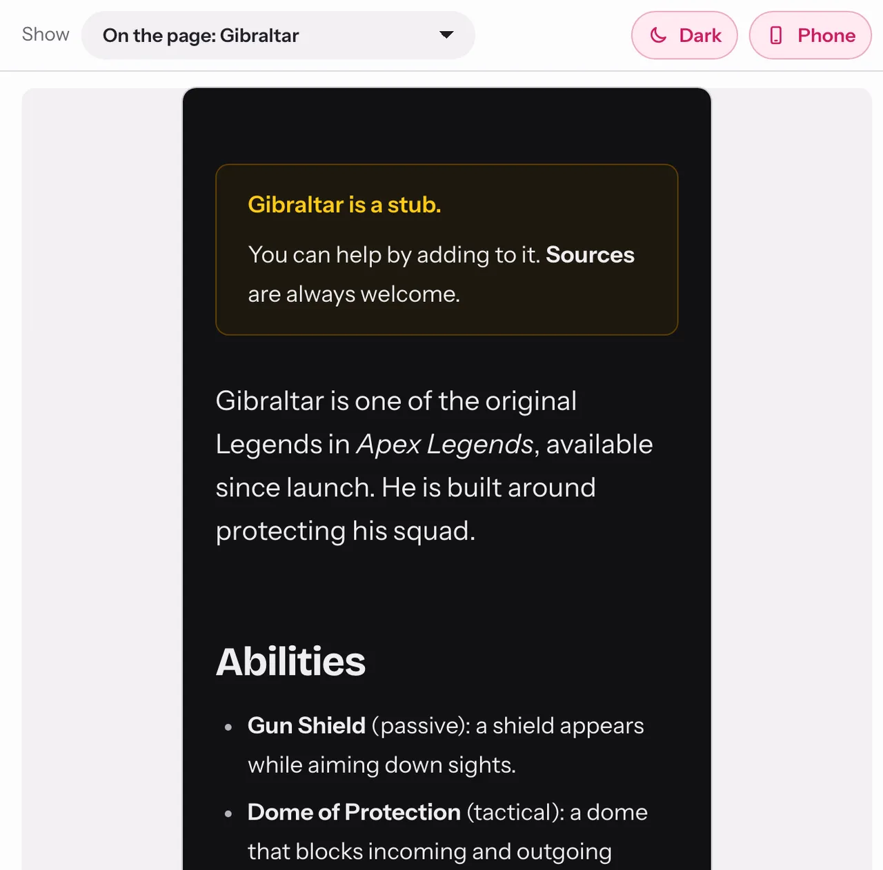 The preview showing a real page that uses the component, in dark mode at phone width
