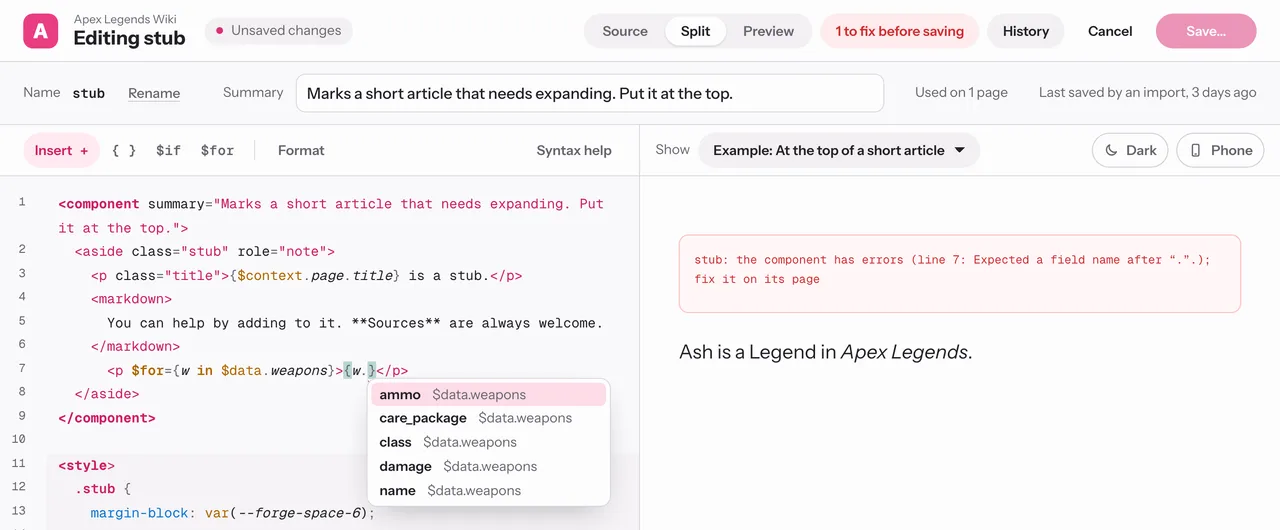 The component editor offering a data set's columns as you type