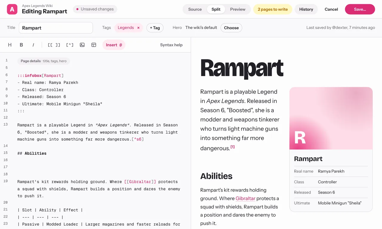 The article editor, with the page details over the source on the left and the live preview on the right