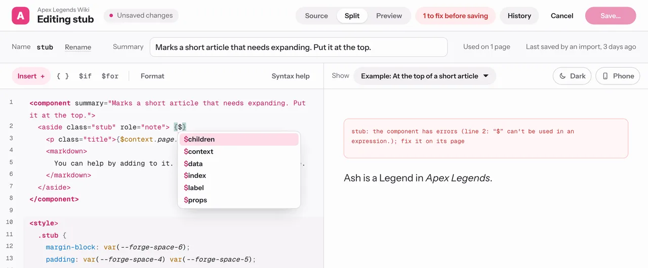 Props, filters and theme colours offered as you type