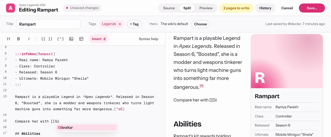 Typing two square brackets offers the wiki's pages as you type